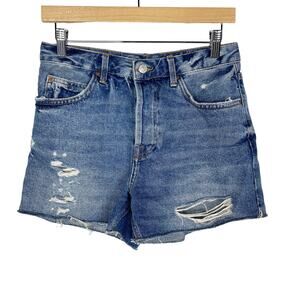 TopShop Women 6 Moto Ripped Jean Shorts Distressed Medium Wash Cotton Button Fly